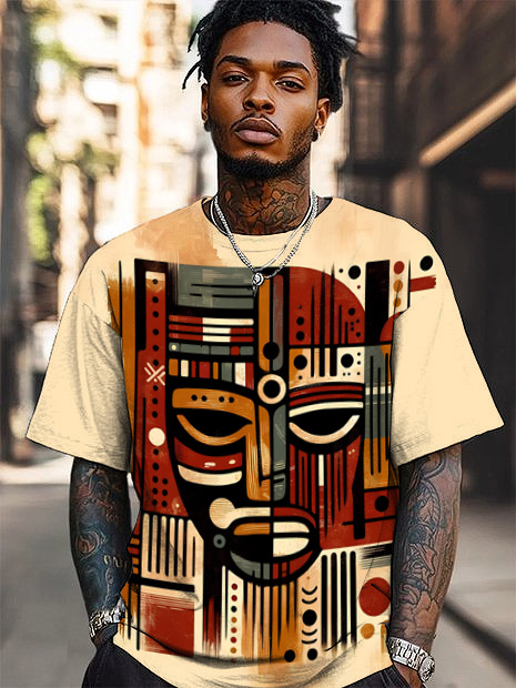Men's Afro Mask Ethnic Pattern Print Casual T-Shirt-Styleame