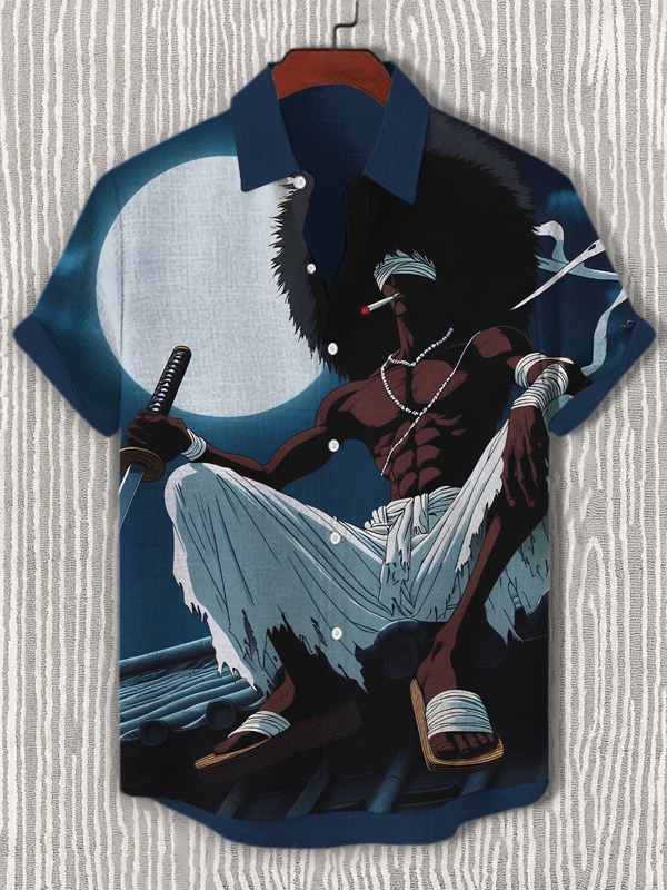 Men's Black Japanese Swordsman Print Short Sleeve Shirt-Styleame