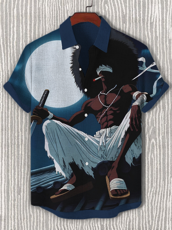 Men's Black Japanese Swordsman Print Short Sleeve Shirt-Styleame