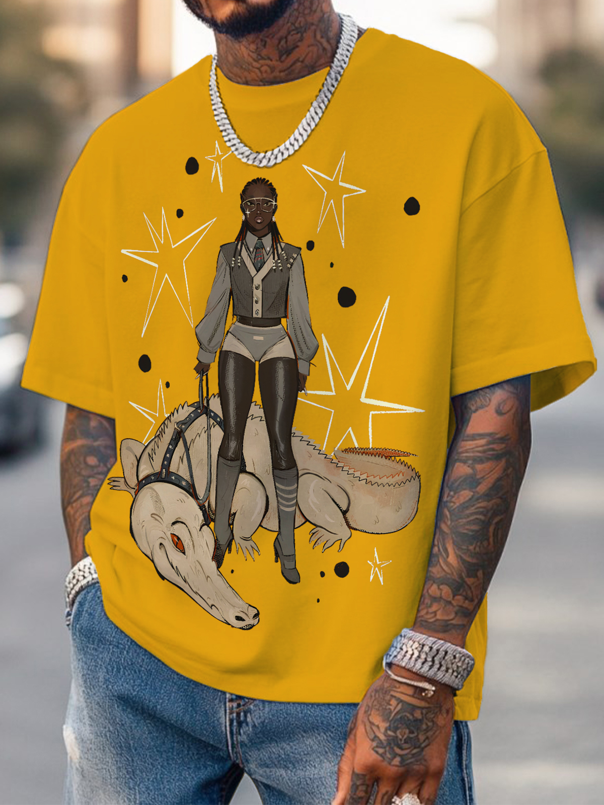 Men's Black Girl And Crocodile Print Cotton Casual T-Shirt-Styleame