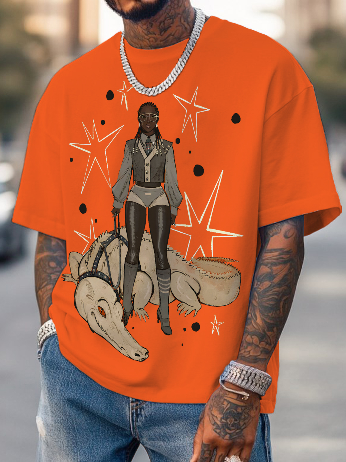 Men's Black Girl And Crocodile Print Cotton Casual T-Shirt-Styleame