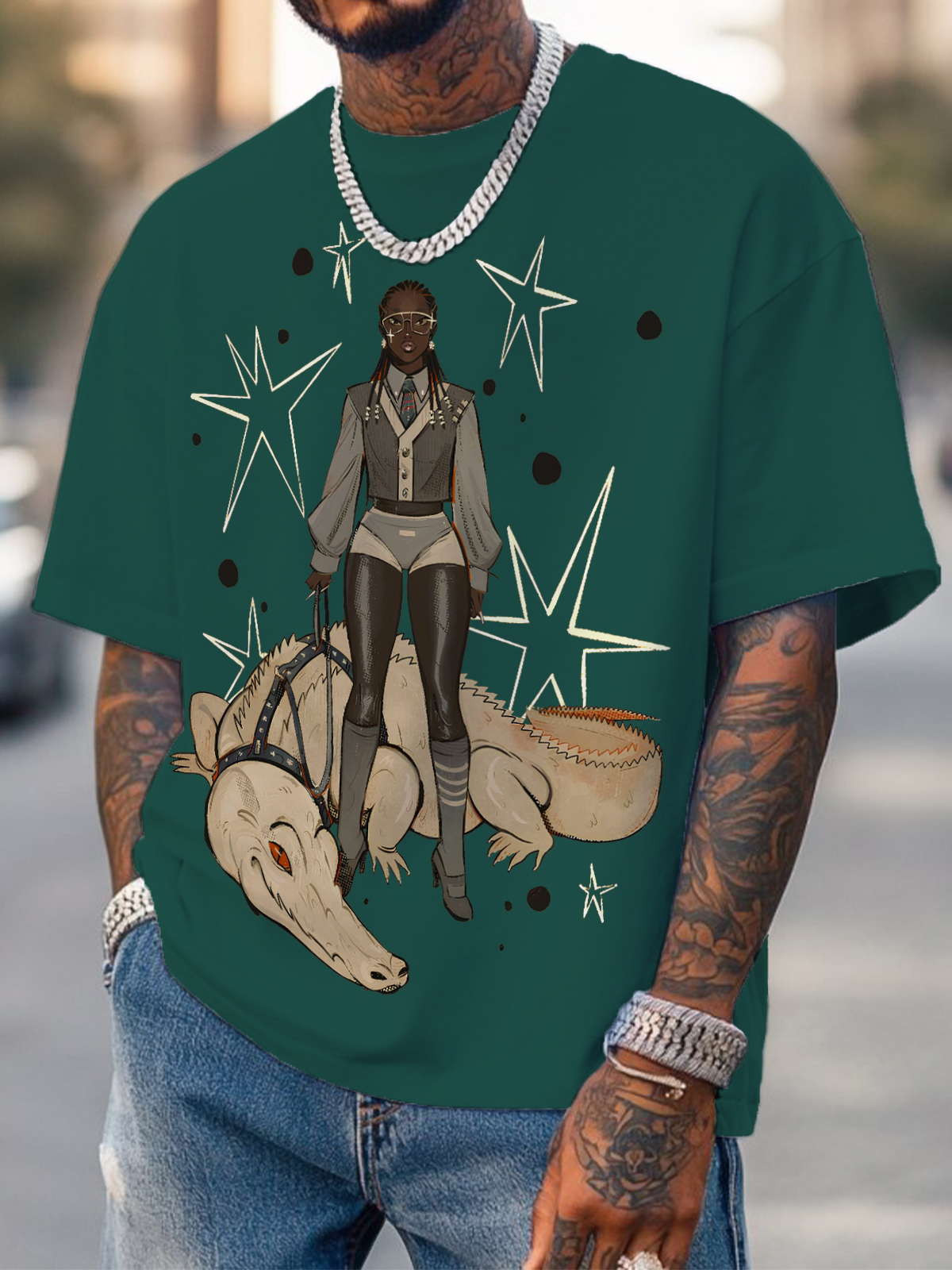 Men's Black Girl And Crocodile Print Cotton Casual T-Shirt-Styleame