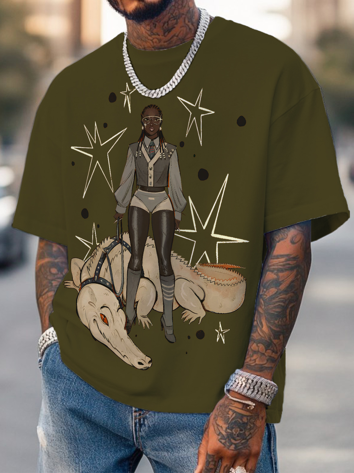 Men's Black Girl And Crocodile Print Cotton Casual T-Shirt-Styleame