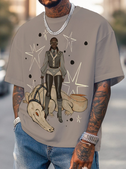 Men's Black Girl And Crocodile Print Cotton Casual T-Shirt-Styleame