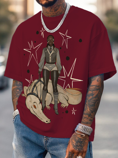 Men's Black Girl And Crocodile Print Cotton Casual T-Shirt-Styleame