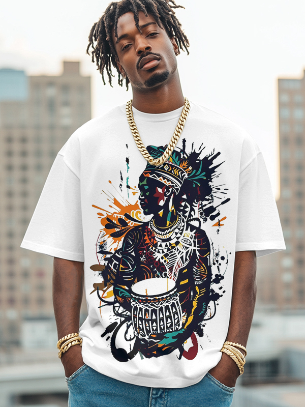 Men's African Drum Performance Print Cotton Casual T-Shirt-Styleame