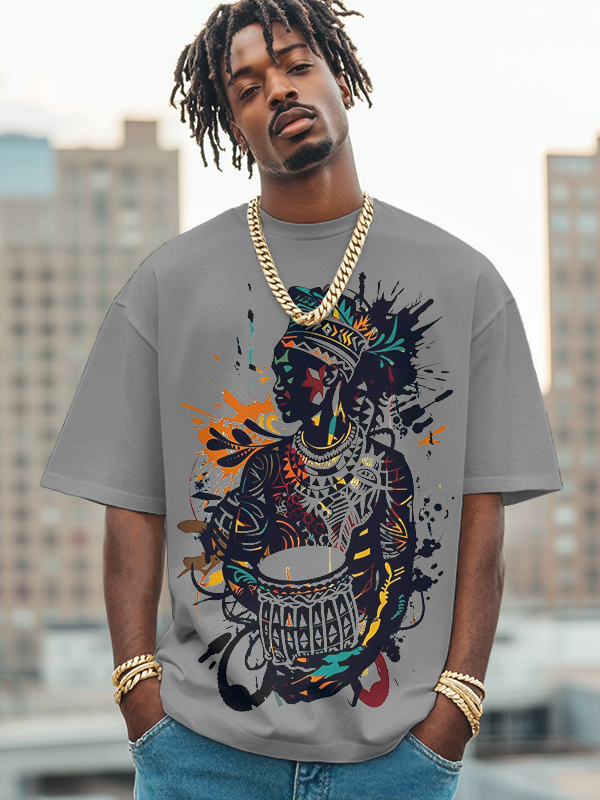 Men's African Drum Performance Print Cotton Casual T-Shirt-Styleame