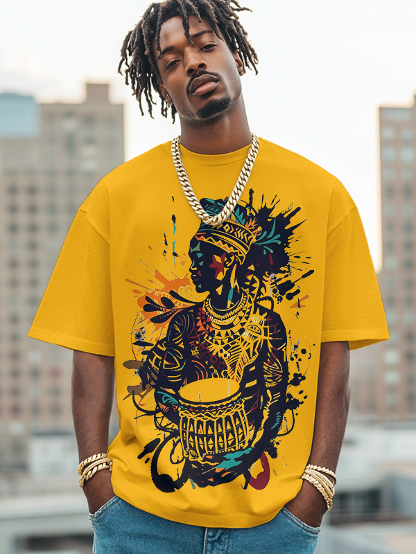 Men's African Drum Performance Print Cotton Casual T-Shirt-Styleame