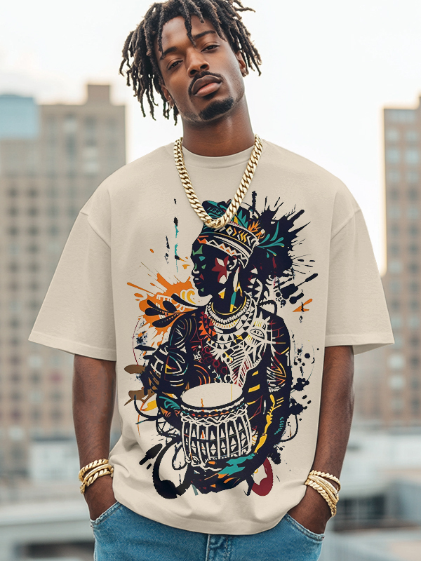 Men's African Drum Performance Print Cotton Casual T-Shirt-Styleame