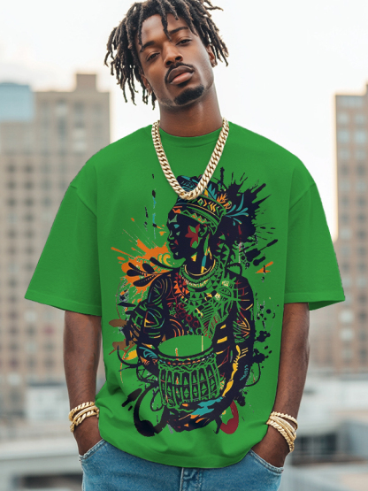 Men's African Drum Performance Print Cotton Casual T-Shirt-Styleame