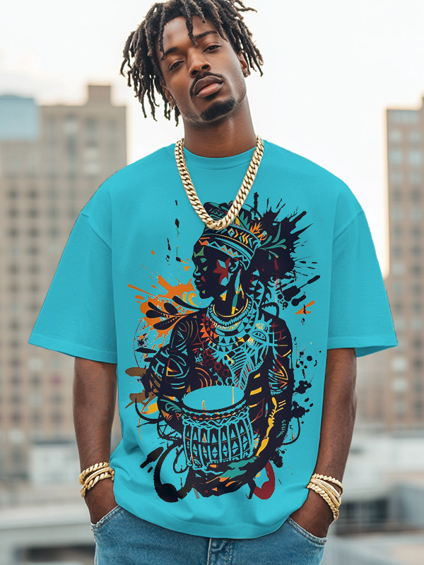 Men's African Drum Performance Print Cotton Casual T-Shirt-Styleame