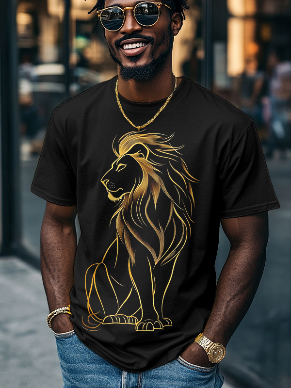 Men's Golden Lion Print Cotton Casual T-Shirt-Styleame