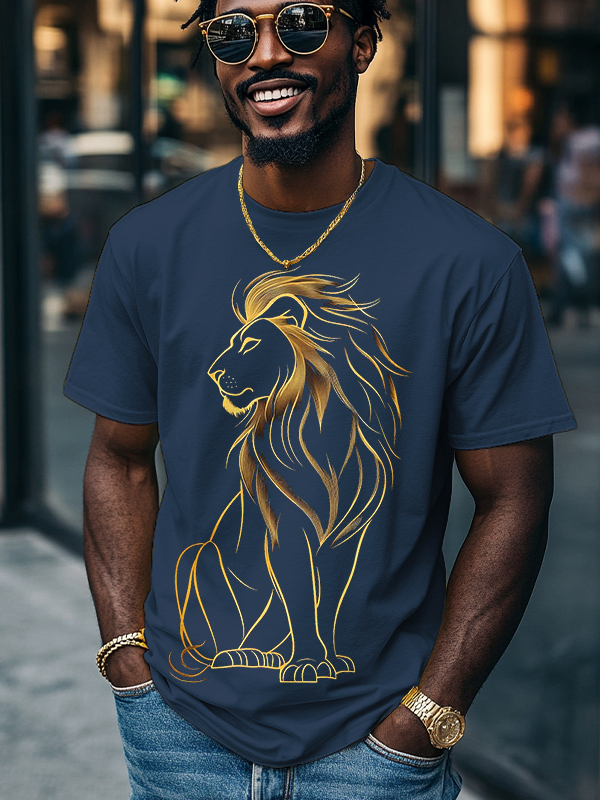 Men's Golden Lion Print Cotton Casual T-Shirt-Styleame