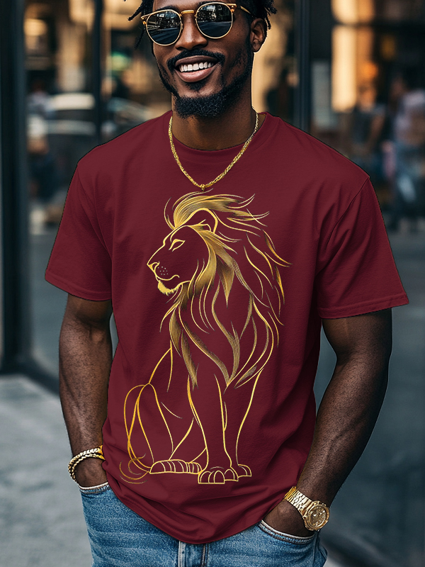 Men's Golden Lion Print Cotton Casual T-Shirt-Styleame