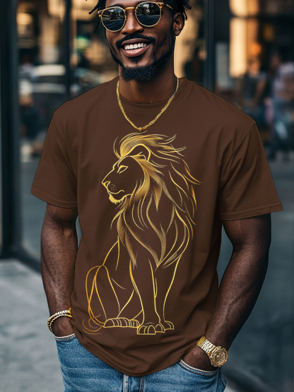 Men's Golden Lion Print Cotton Casual T-Shirt-Styleame