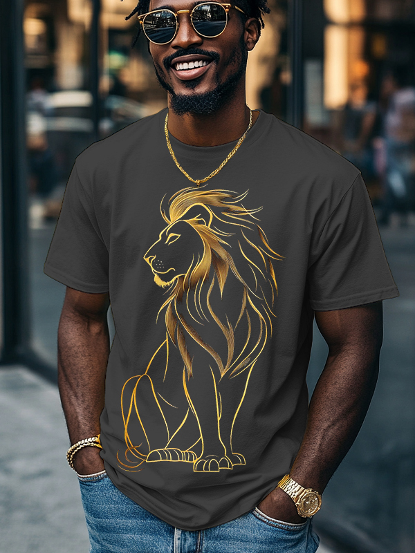 Men's Golden Lion Print Cotton Casual T-Shirt-Styleame