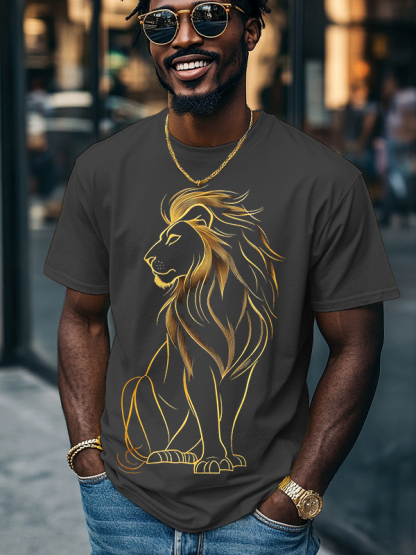 Men's Golden Lion Print Cotton Casual T-Shirt-Styleame