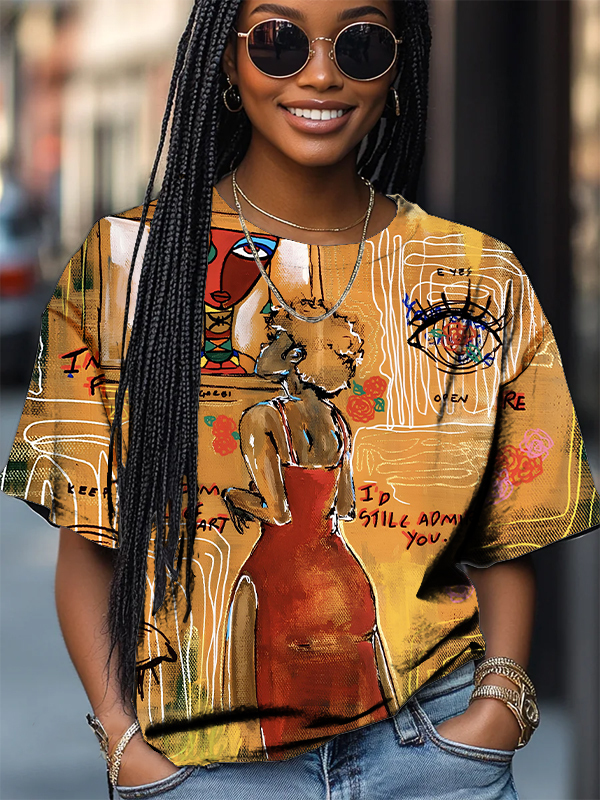Women's Abstract Art Woman Graffiti Print Casual T-Shirt-Styleame