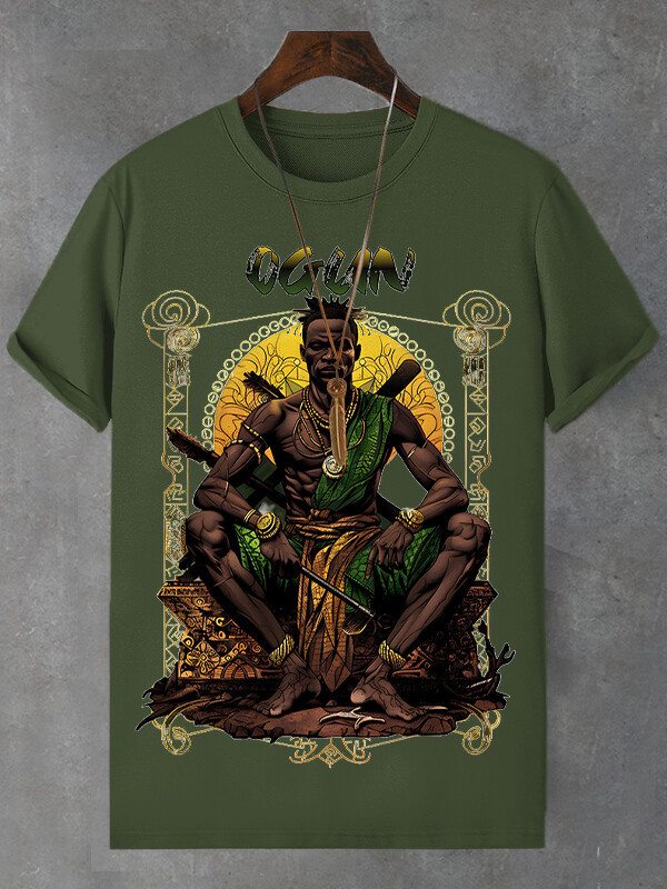 Men's Retro Tribal Leader Illustration Print Cotton Casual T-Shirt-Styleame