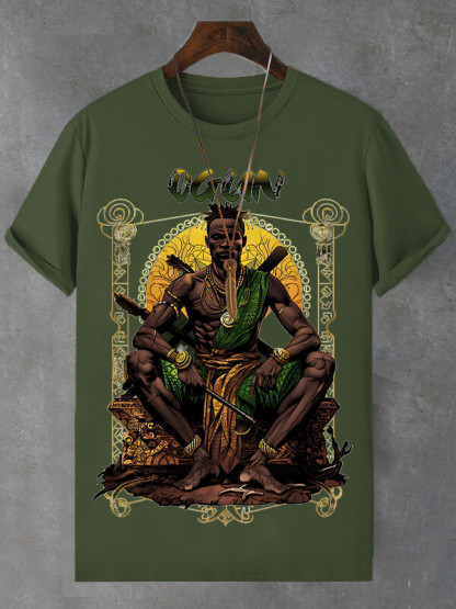 Men's Retro Tribal Leader Illustration Print Cotton Casual T-Shirt-Styleame