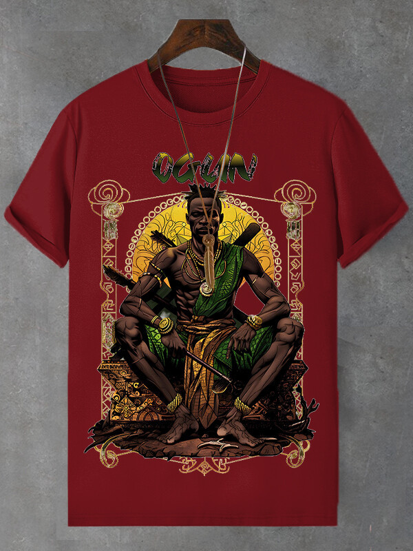 Men's Retro Tribal Leader Illustration Print Cotton Casual T-Shirt-Styleame