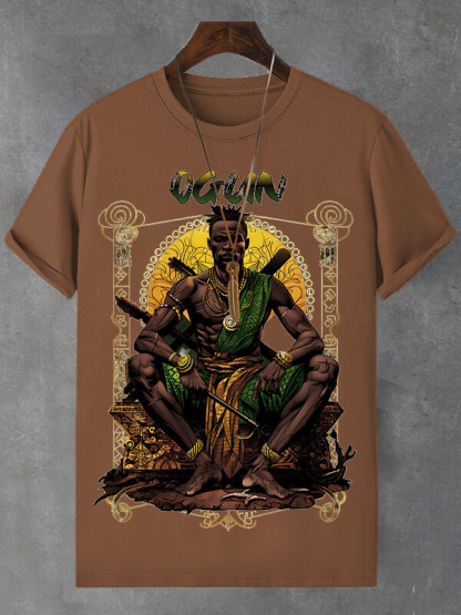Men's Retro Tribal Leader Illustration Print Cotton Casual T-Shirt-Styleame