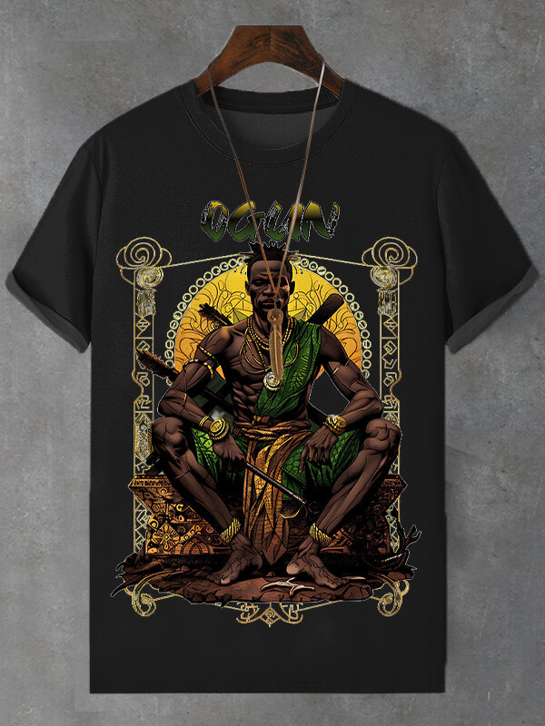 Men's Retro Tribal Leader Illustration Print Cotton Casual T-Shirt-Styleame