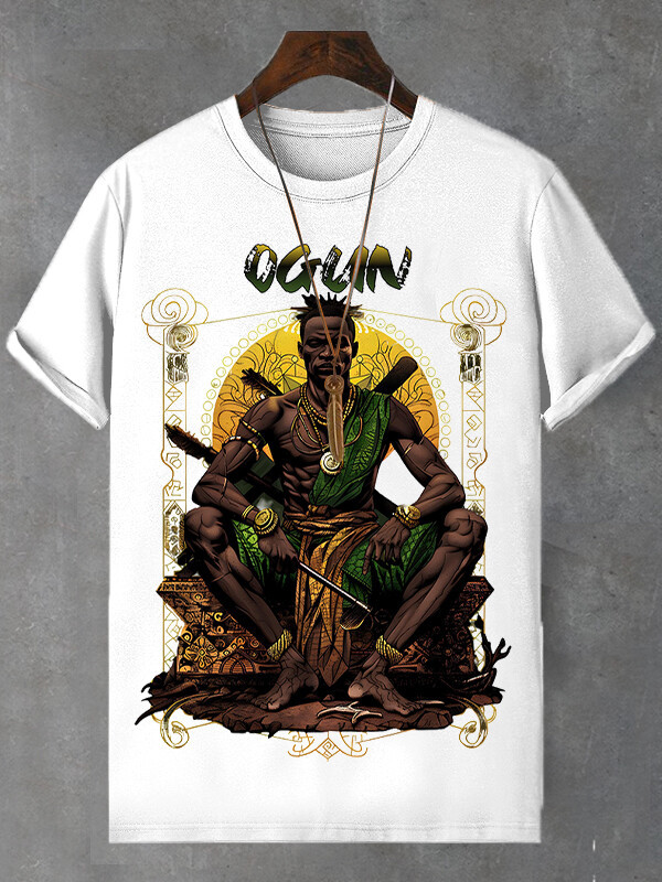Men's Retro Tribal Leader Illustration Print Cotton Casual T-Shirt-Styleame