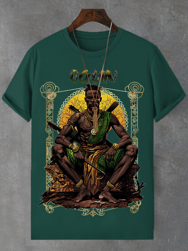 Men's Retro Tribal Leader Illustration Print Cotton Casual T-Shirt-Styleame