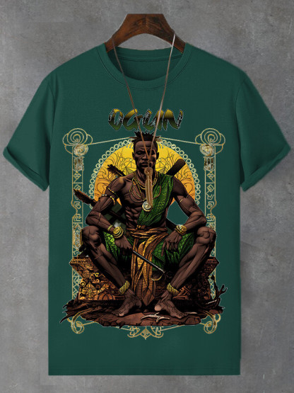 Men's Retro Tribal Leader Illustration Print Cotton Casual T-Shirt-Styleame