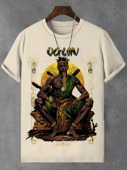 Men's Retro Tribal Leader Illustration Print Cotton Casual T-Shirt-Styleame