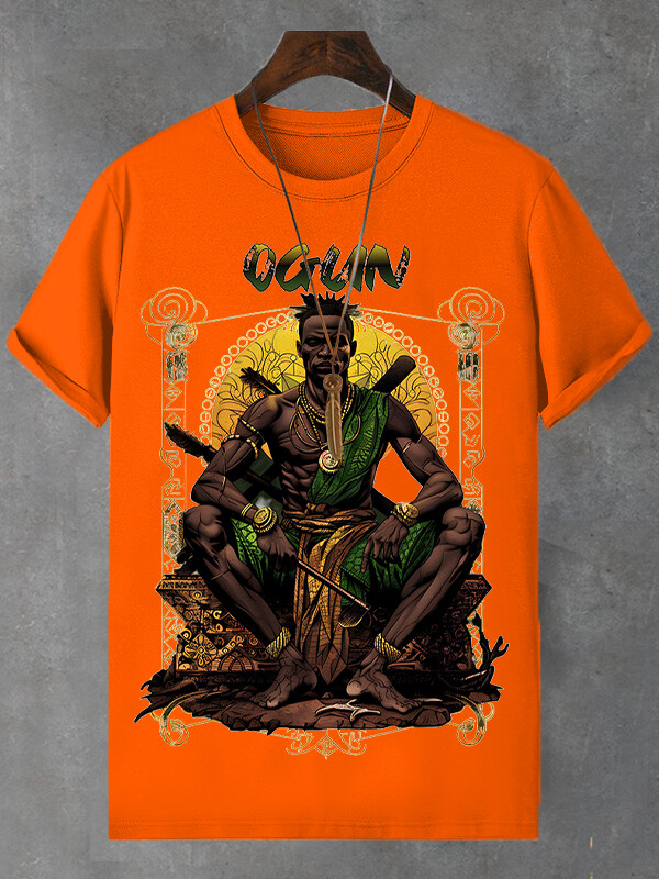 Men's Retro Tribal Leader Illustration Print Cotton Casual T-Shirt-Styleame