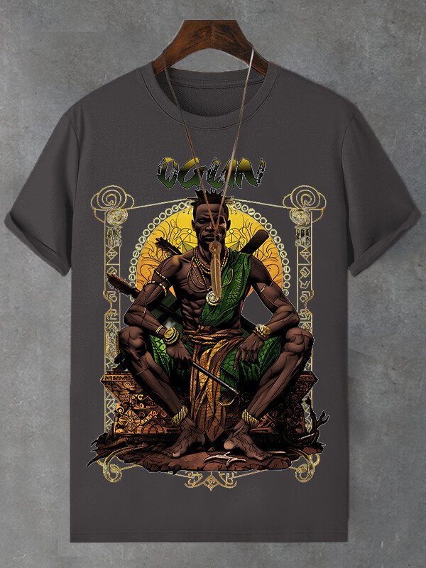 Men's Retro Tribal Leader Illustration Print Cotton Casual T-Shirt-Styleame