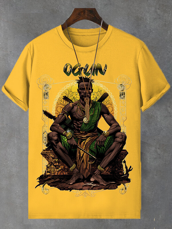 Men's Retro Tribal Leader Illustration Print Cotton Casual T-Shirt-Styleame