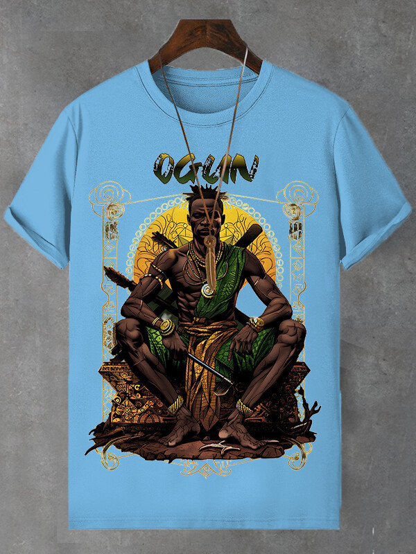 Men's Retro Tribal Leader Illustration Print Cotton Casual T-Shirt-Styleame