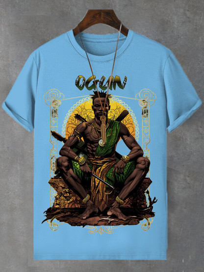 Men's Retro Tribal Leader Illustration Print Cotton Casual T-Shirt-Styleame