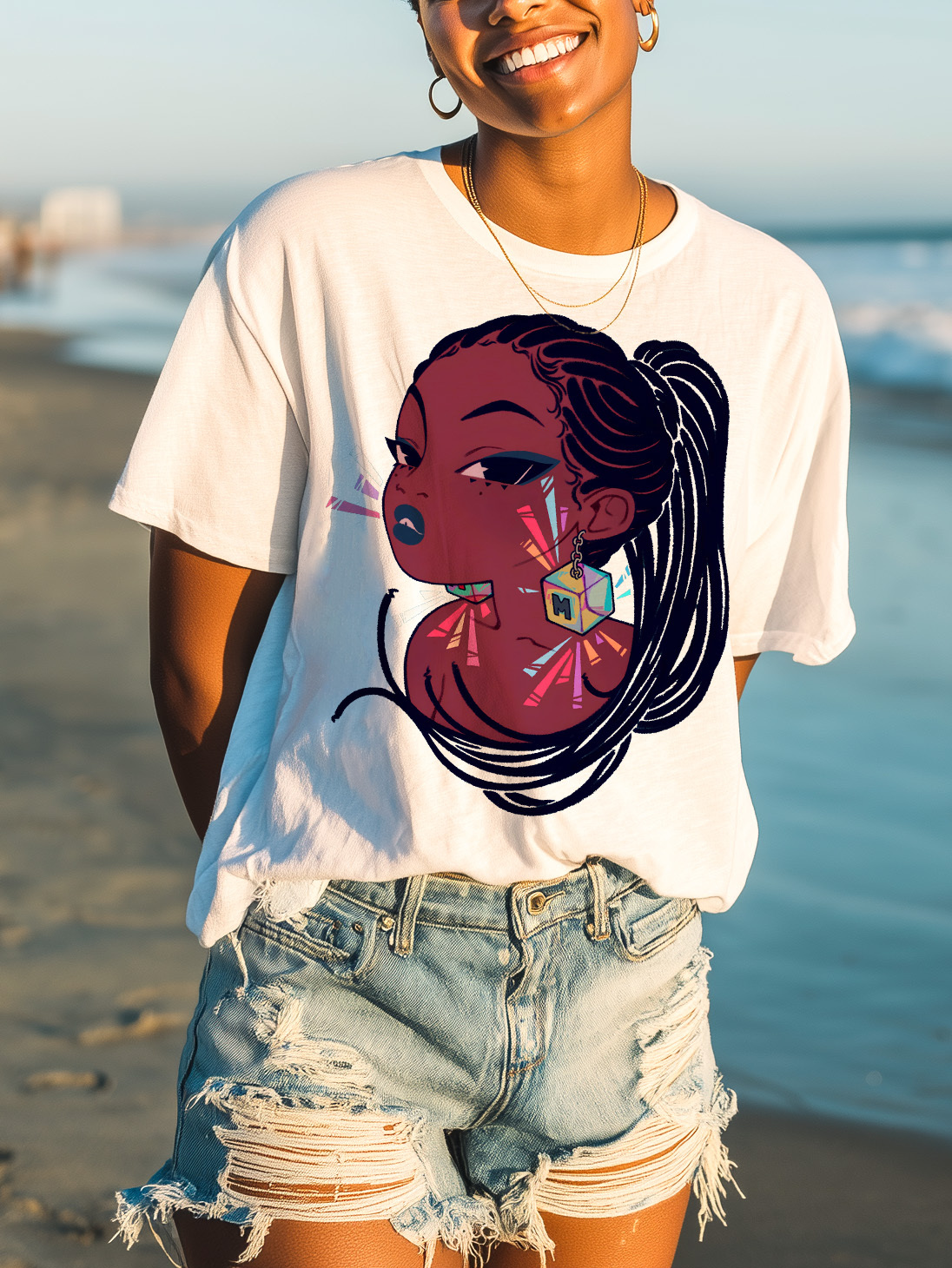 Women's Cool Black Girl Print Cotton Casual T-Shirt-Styleame