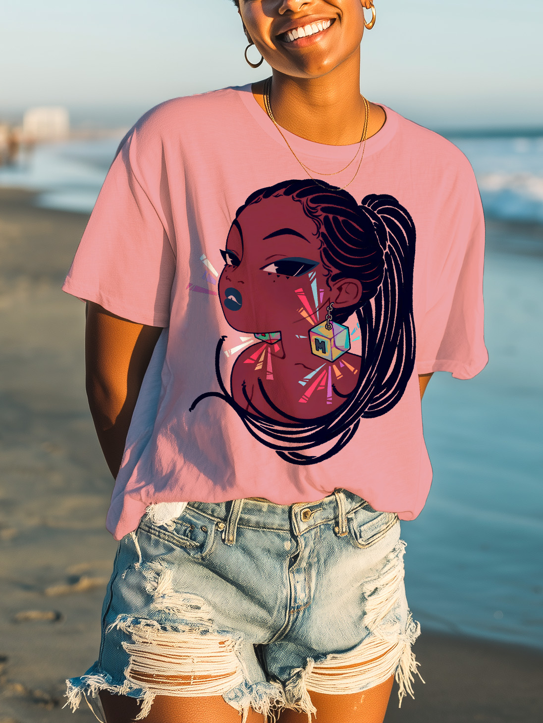 Women's Cool Black Girl Print Cotton Casual T-Shirt-Styleame