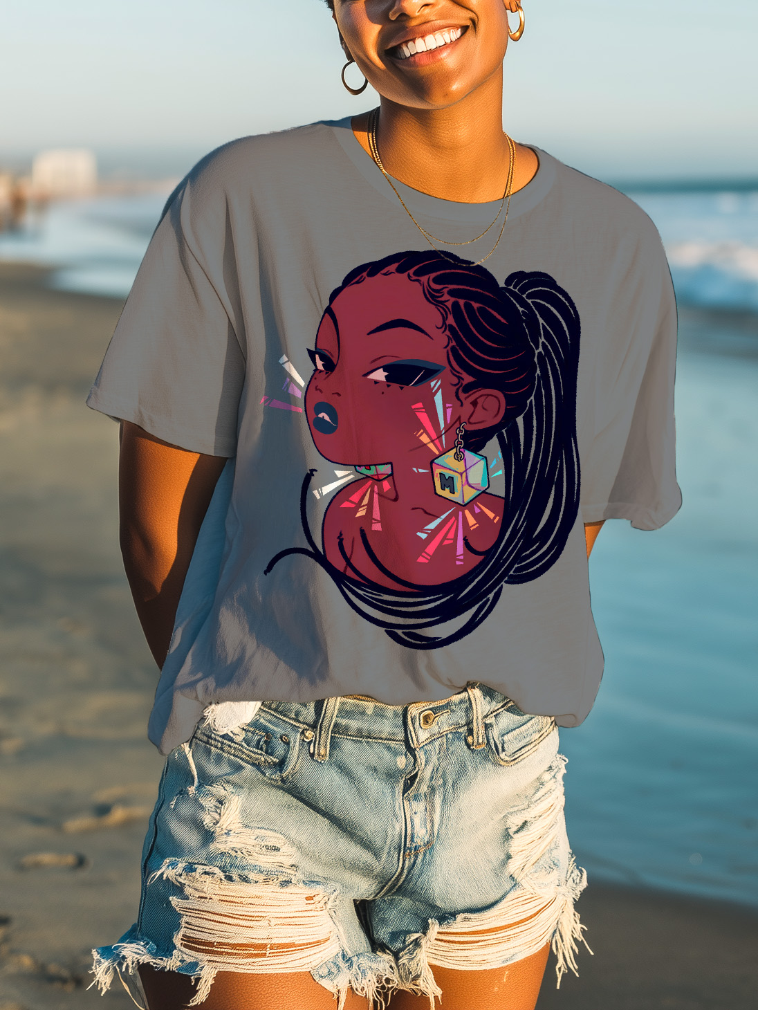 Women's Cool Black Girl Print Cotton Casual T-Shirt-Styleame