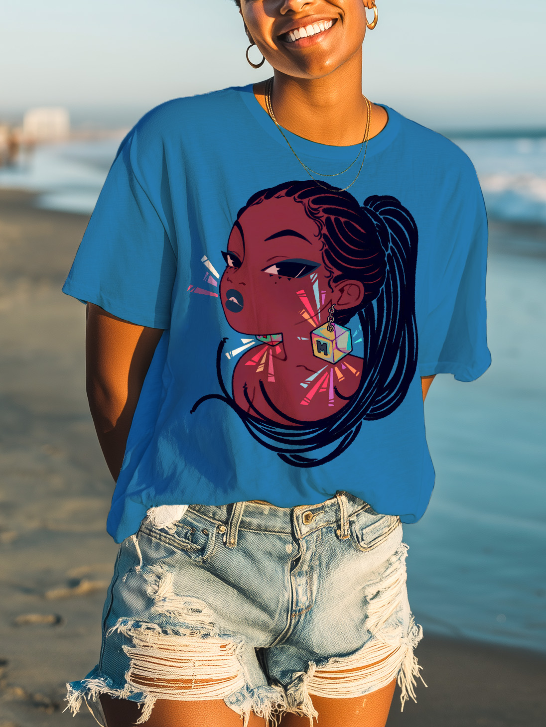 Women's Cool Black Girl Print Cotton Casual T-Shirt-Styleame