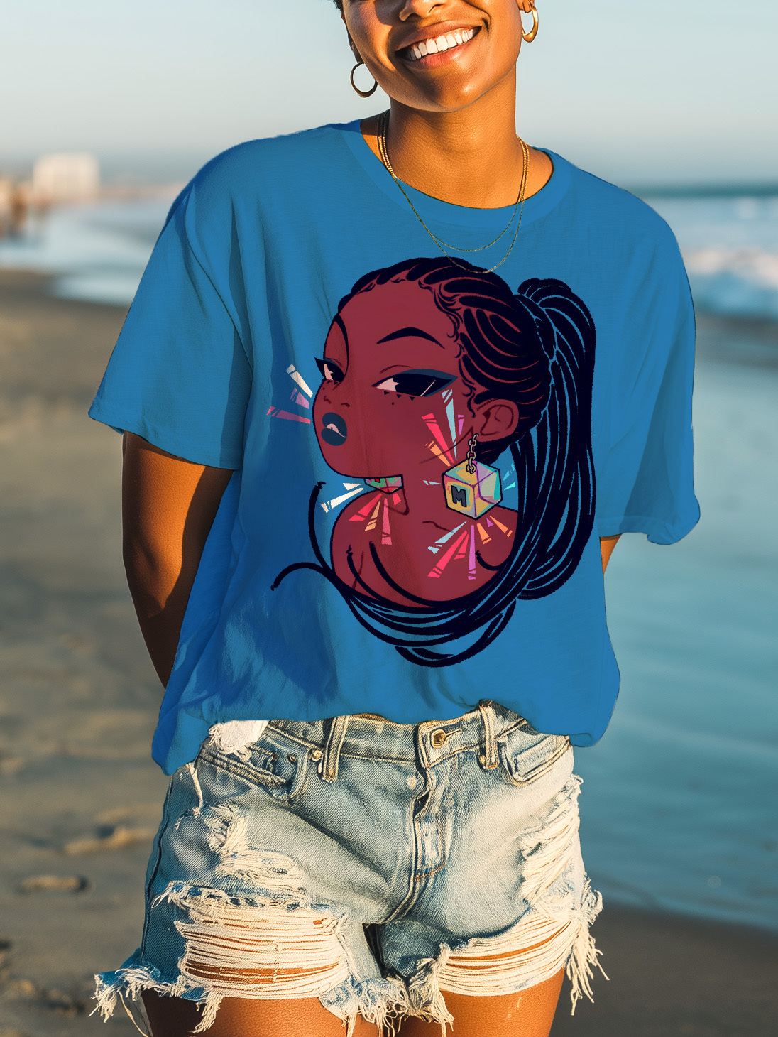 Women's Cool Black Girl Print Cotton Casual T-Shirt-Styleame