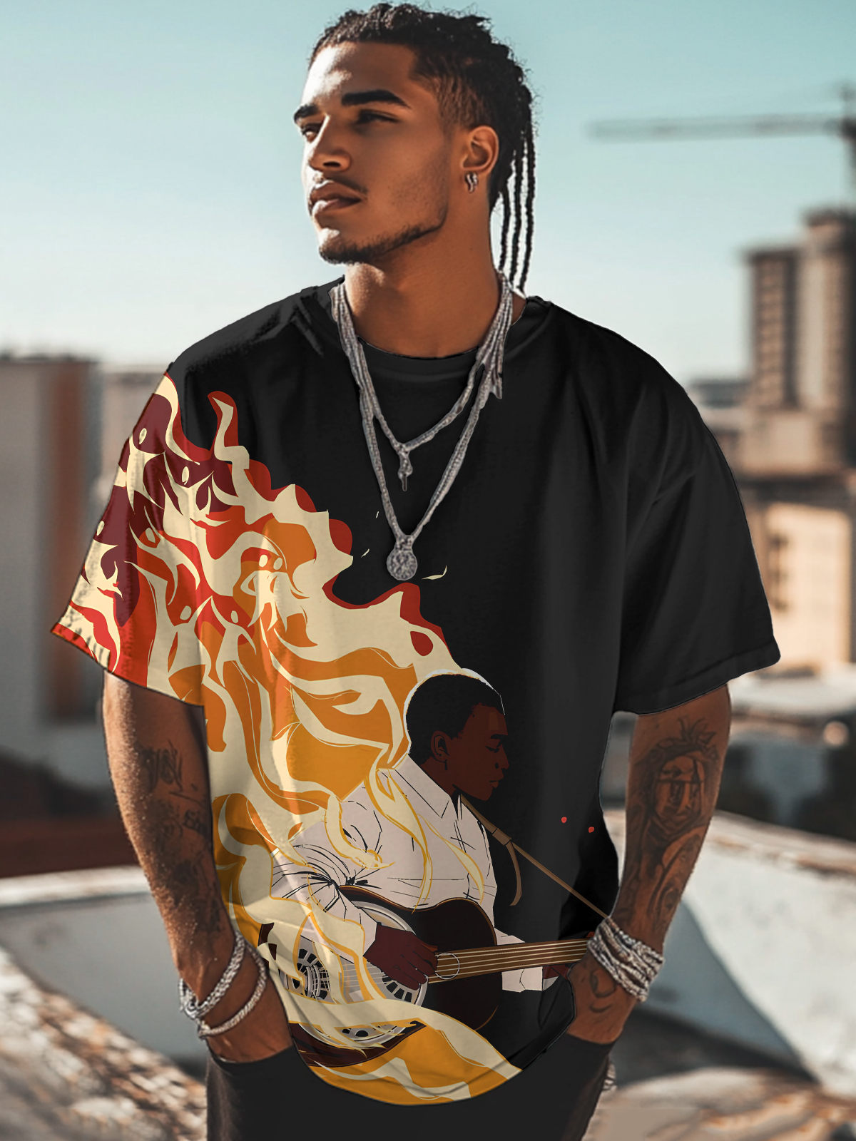 Men's Guitarist And Flame Print Casual T-Shirt-Styleame