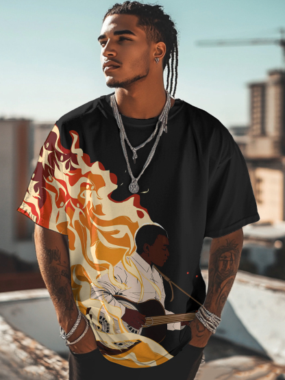 Men's Guitarist And Flame Print Casual T-Shirt-Styleame