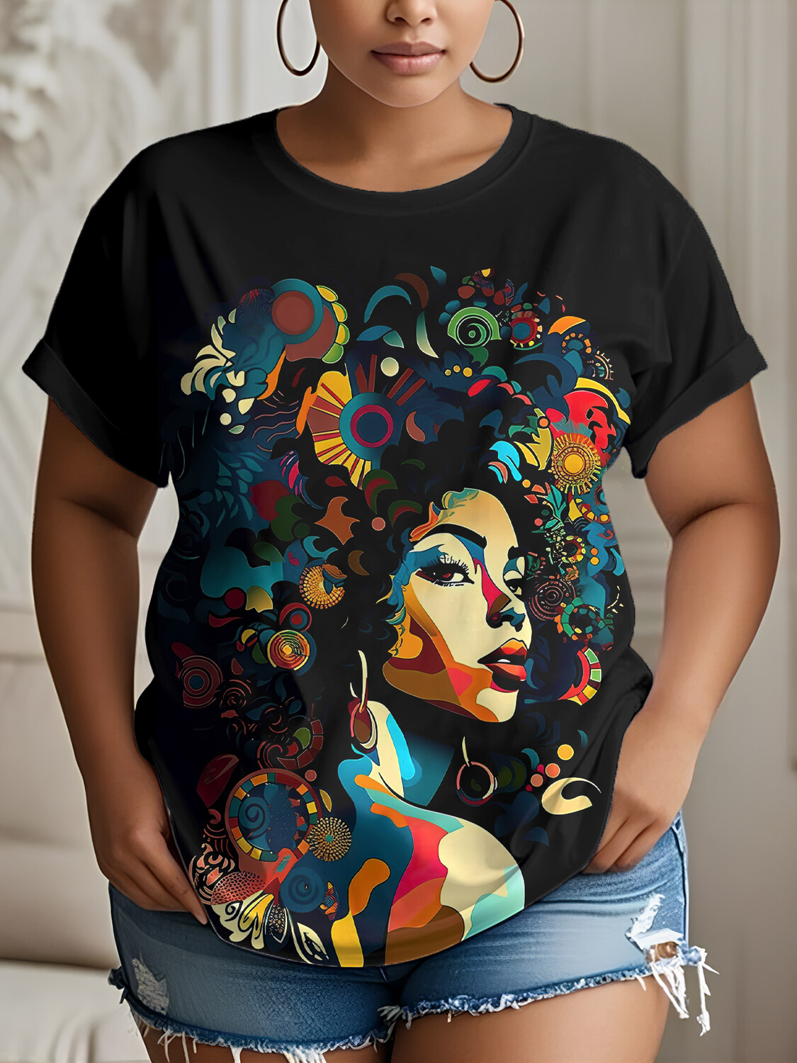 Women's Geometric Art Portrait Print Casual T-Shirt-Styleame