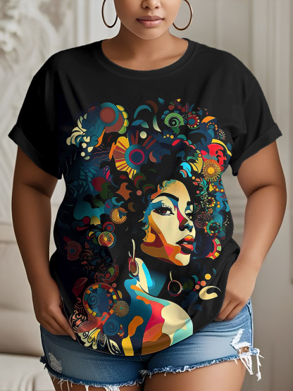 Women's Geometric Art Portrait Print Casual T-Shirt-Styleame