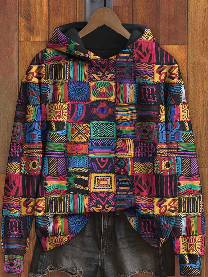 Women's Black Ethnic Pattern Stitching Art Print Hooded Sweatshirt-Styleame