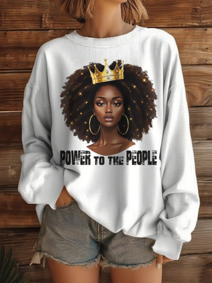 Women's Black Woman Crown Power To The People Art Print Casual Sweatshirt-Styleame