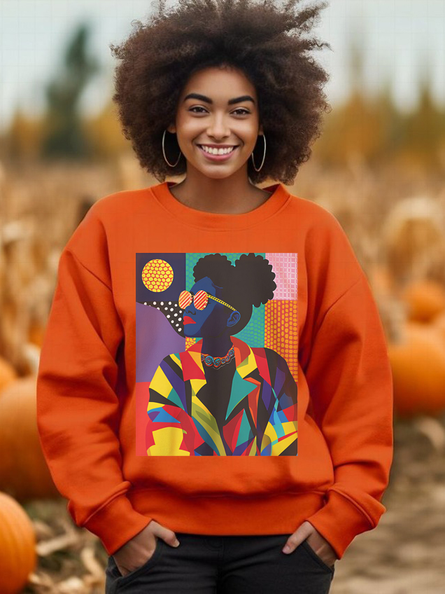 Women's Fashion Black Woman Art Print Casual Sweatshirt-Styleame