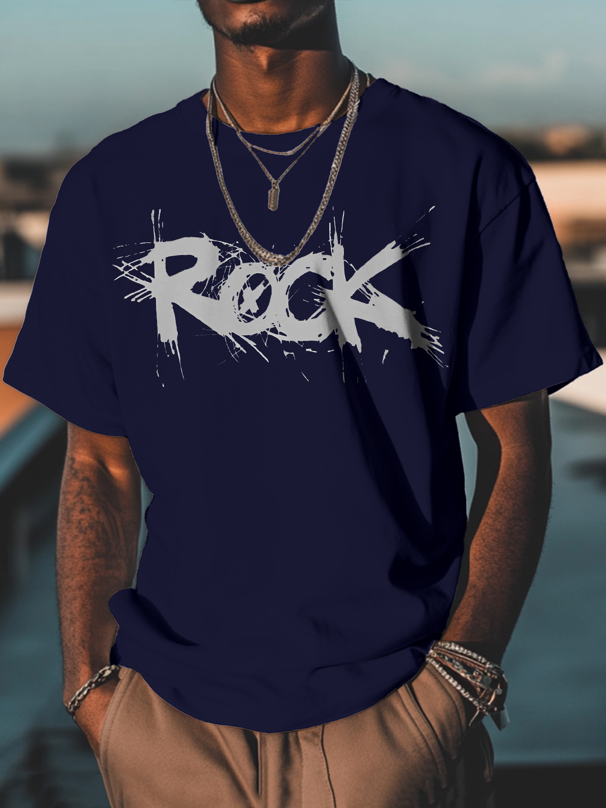 Men's Rock Print Cotton Casual T-Shirt-Styleame