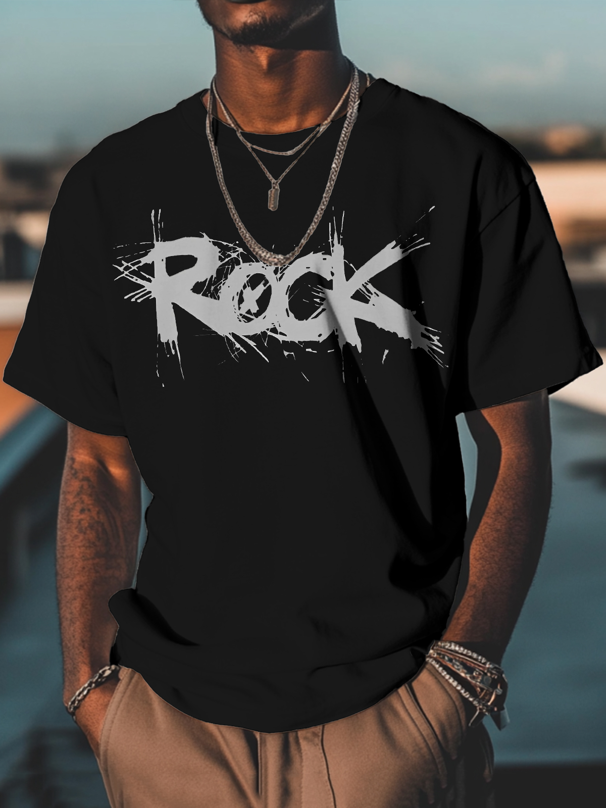 Men's Rock Print Cotton Casual T-Shirt-Styleame